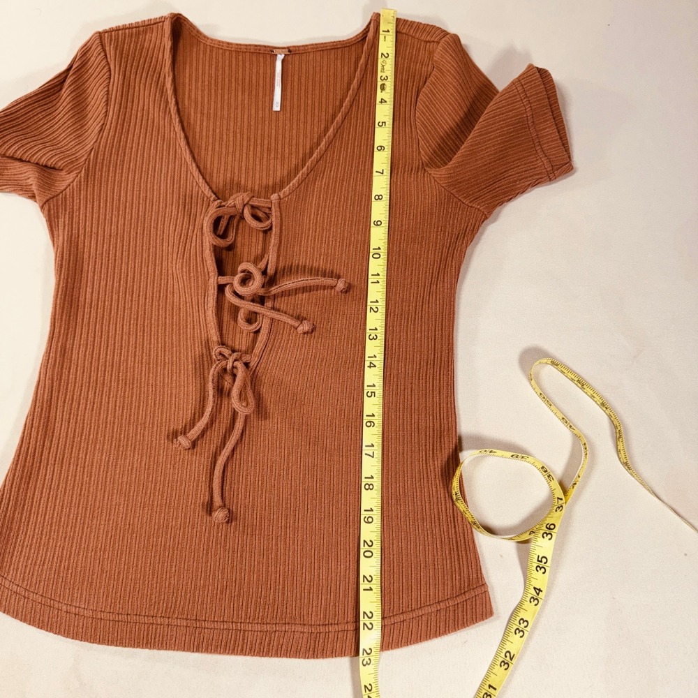 Free People Ribbed Lace Up Tie Front Top Terracotta Brown Short Sleeve Medium - Picture 12 of 12